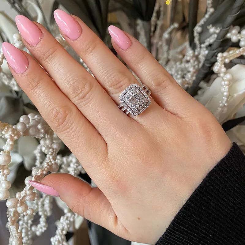 Sdouefos Store خاتم وعد زفاف من الذهب الأبيض عيار 18 مزين بكريستال زيركون مكعب للنساء، خاتم ألماس لامع من الفضة الإسترلينية عيار 925، خواتم كوكتيل زيركون مكعب، خاتم أبدي للنساء مقاس 8 - Image 4
